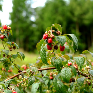 Superbe framboisier Tulameen dans un jardin verdoyant, avec des fruits en pleine formation