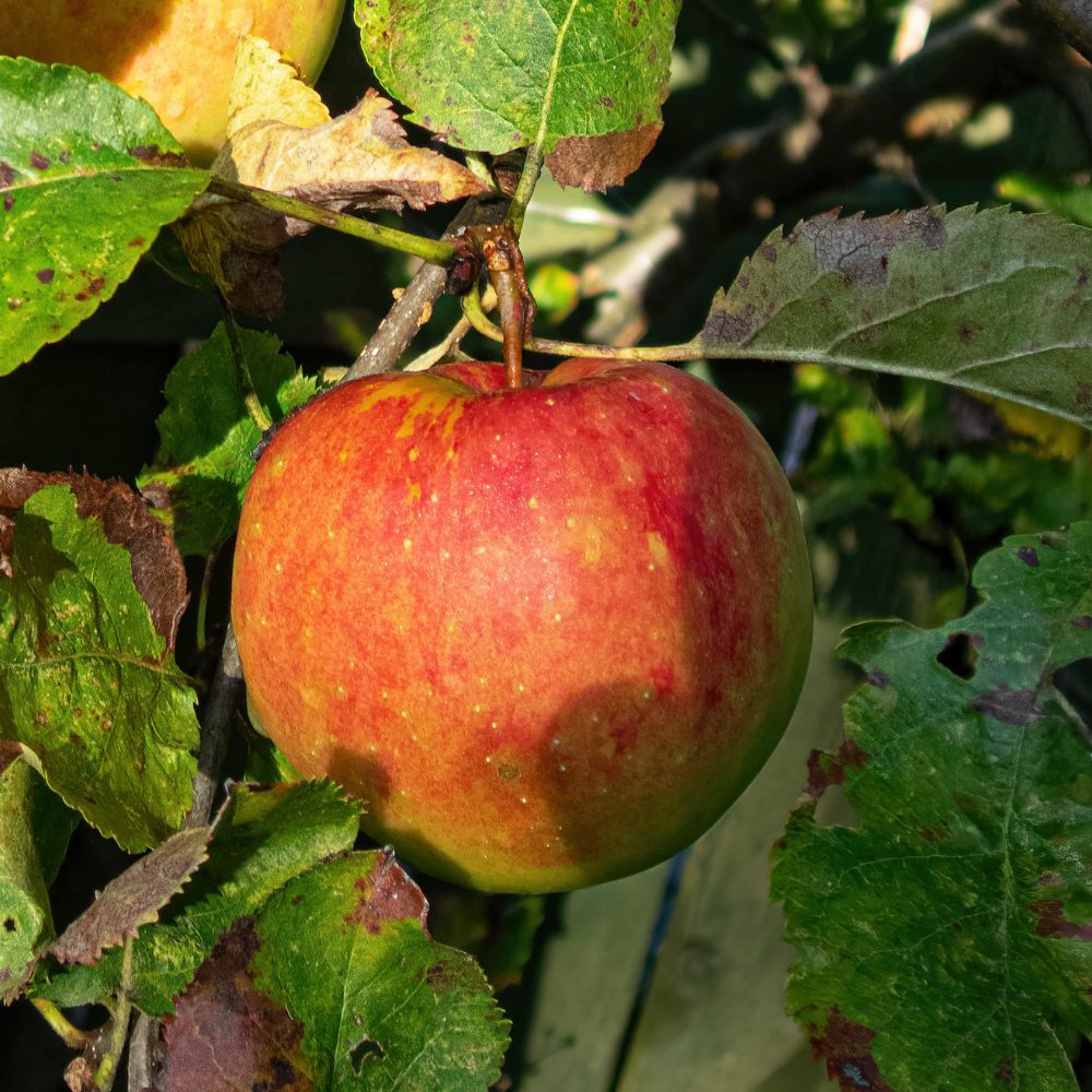 Pommes Cox's Orange Pippin bien mûres, avec leur peau rouge orangé et leur chair croquante, prêtes à être cueillies dans un verger ensoleillé.
