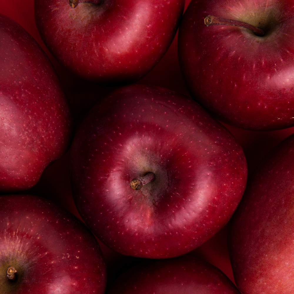 Récolte généreuse de pommes Starking Delicious, idéales pour des desserts, salades de fruits et compotes.
